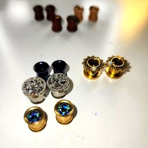 7 pair lot of tunnels and plugs wood and metal